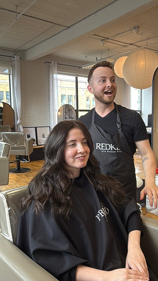 Richie Araish smiling with his Great Lengths Extension client at Private Studio in Toronto.